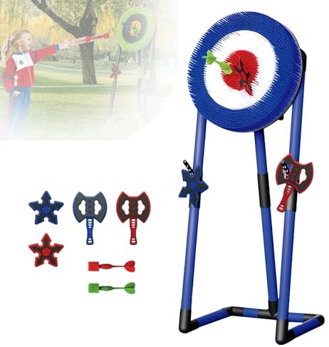 LwiftGal Axe Throwing Game Set, Axe Throw & Lawn Dart Combo with 2 Axes, 2 Dart Game Boards, 2 Darts and Frame for Indoor & Outdoor Family Fun Blue-Round
