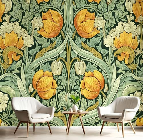 Lirio Barroco Papel Tapiz Fotográfico Efecto 3D, Jardines De William Morris Papel Pintado Verde Oscuro Fotografía Mural, 300X210Cm Pared Pintado Fotomural Dormitorio Sala Mural Decoración