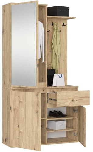 AKORD Garderoben-Set mit Spiegel – 95 cm, 3 Türen, 1 Schublade, 7 Einlegeböden – Möbel für den Eingangsbereich – optimal für kleine Räume – Flur oder Eingang schmal – Eiche – Handwerkliche Eiche
