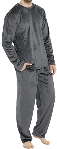 Pijama de franela para hombre, de invierno, de forro polar, cálido, de dos piezas, con capucha, manga larga, parte superior y pantalones de pijama, conjunto de pijama térmico, cuello redondo, O Gris