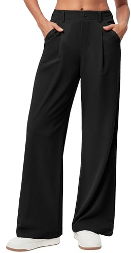 Ewedoos Wide Leg Trousers for Women Stretch Ladies Work Palazzo Trousers with Pockets High Elasticated Waist Yoga Pants Business Casual Black