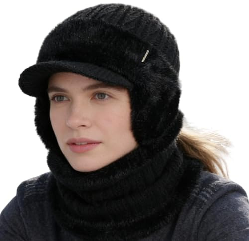 DAWCBVJQ Chapeau Tricoté pour Femmes - Bonnet d'hiver Chaud avec Visière, Cache-Oreilles Et Écharpe - Bonnet Tissé Confortable | pour Navette Quotidienne Intérieur Extérieur Voyage Bureau Alpinisme
