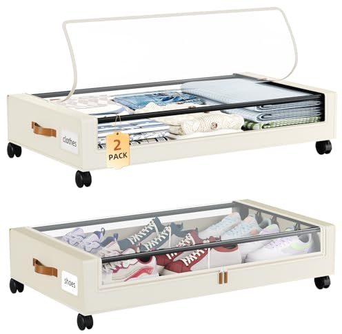 Somdot 48L Under Bed Storage Box, Large Capacity Under Bed Storage on wheels with Lid and Zip, Foldable Organiser for Clothes Bedding and Shoes, Beige, 2 Pack