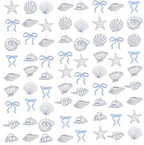 BLMHTWO 8PCS Blue Bow Starfish and Seashell Garland, 6.56 ft Beach Shell Garland Banner Ocean Coastal Bachelorette Decor Nautical Paper Hanging Decorations for Party Birthdays Weddings Bells Decor