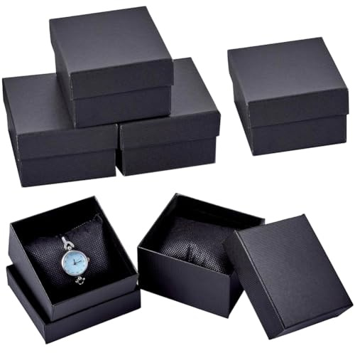 CREATCABIN Boîte à Montre en Carton Kraft avec Coussin Amovible Carrée Noire pour Bracelet Petit Bijou Rangement Boîte Cadeau pour Montre Bracelet Femme/Homme 8.5x8.3x5.5cm