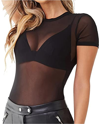 Allchic Womens Short Sleeve Sheer Mesh Tops Sexy See Through Tee Blouse Clubwears (Crew Neck Black, Small)