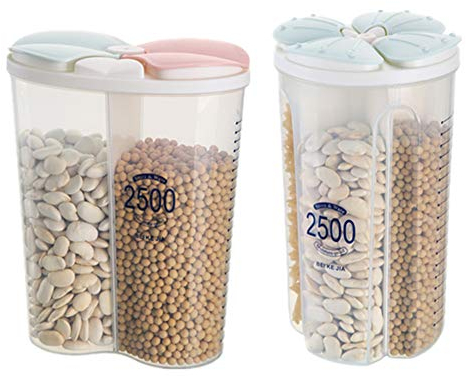 JMAHM Lot de 2 distributeurs de céréales hermétiques en plastique transparent avec plusieurs espaces, pour garder les aliments frais et secs (2,5 l/2 compartiments + 2,5 l/4 grilles, mélange + vert)