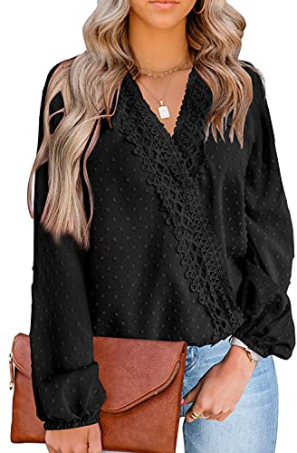 LOLONG Black Blouses for Women Fall Fashion V Neck Long Sleeve Tops Dressy Casual Chiffon Pom Poms Business Shirts Trendy