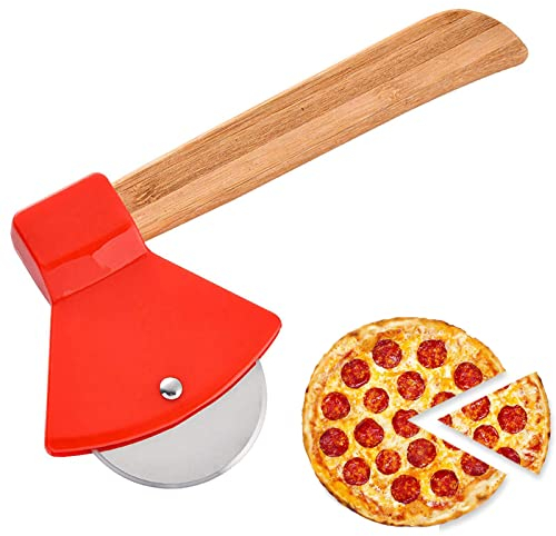 MacrHu Hacha Cortador de Pizza de Acero Inoxidable Con Mango de Roble - Accesorio de Cocina Con Protección Anticortes, Súper Afilada y Duradera Para Pasteles (Rojo)