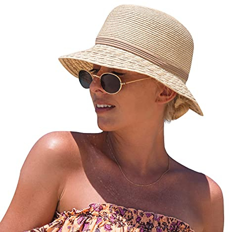 Comhats Sun Hats for Womens, Ladies Beach Straw Hat Sun Protection Summer UPF 50 Hats Packable Foldabe Holiday Beige Medium