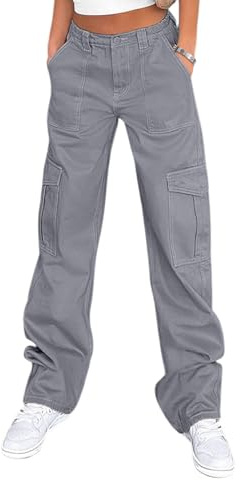 Lepunuo High Waist Stretch Cargo Pants Women Baggy Straight Wide Leg Y2K Pants Blue Grey