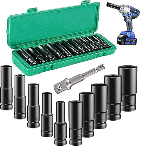 Deep Impact Socket Set,11Pcs 1/2 Socket Sets 10-24mm with Driver Socket Extension and Plastic Storage Box for Automotive Home DIY Repair (11Pcs)