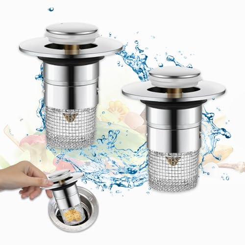 Zamety 2 Stück 2-in-1 Waschbeckenstöpsel Pop-up, Haarsieb Dusche Verstopfungshemmend, Abflusssieb Dusche Stahl, Waschbecken Sieb mit Kupferkern, Mit je 2 Dichtungen für 34~40 mm Abflusslöcher