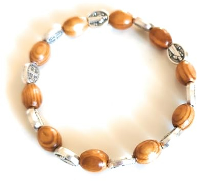 OVUNQUE PROTEGGIMI Bracciale Decina in Legno con medaglia di San Benedetto, Bracciale Rosario Elasticizzato, Regalo Religioso per Uomo e Donna, Made in Italy