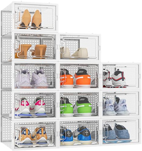 HOMIDEC 12 pcs Cajas de Zapatos, Organizador Zapatos de Plástico Transparente Apilables, Contenedores Organizadores de Zapatos con tapas para Mujeres/Hombres,Blanco