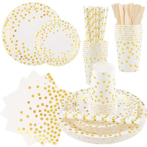 Vexillic Vajilla de Fiesta, 200 piezas Puntos Set de Juego de Platos y Cubiertos, Cubertería de Cartón Vasos y Servilletas para Cumpleaños,Aniversarios (Puntos dorados)