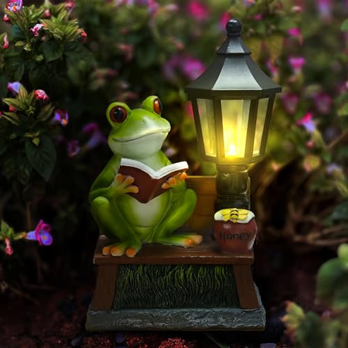Gartendeko Solar Frosch Figuren, Außen Laterne Gartenfiguren Deko, Frösche Ein Buch Lesen Figuren mit Wetterfest LED Solarlampe für Draußen Balkon Terrassen Geschenke für Frauen Männer Mama Feengarten