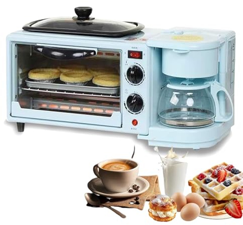 HEGGMKK Stazione per La Colazione 3 in 1 (9 L), Tostapane con Padella, Temporizzazione di 30 Minuti, Caffettiera da 600 Ml + Pentola da 1,2 L, per Appartamenti E Angoli Cottura,Blue
