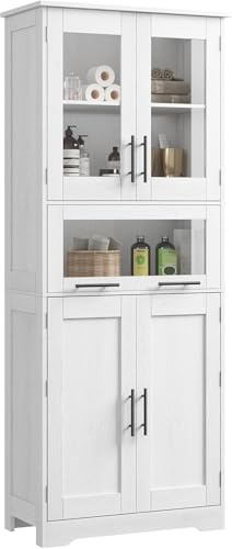 Armoire de salle de bain haute autoportante avec portes en verre et étagères réglables, 5 étagères, 4 portes, blanche, 67 x 30 x 170 cm