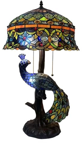 Lampada Pavone Lampada da Tavolo con Cappello in Vetro colorato Largo 16 Pollici Lampada da Tavolo Vintage Fatta a Mano da banchiere con Gioielli, scrivania, Illuminazione, Decorazione per camere da