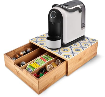 Avilia - Porta Cialde Caffè e Porta Capsule in Bambù con Ripiano in Vetro Maioliche di Sorrento, Organizer per Angolo Caffè e Tè 30x30x10cm, Elegante e Compatto per Casa e Ufficio