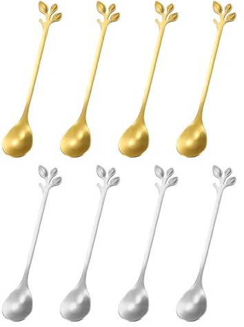 HUVZOR 8pcs Cucharillas Cafe Set, Cucharas de Acero Inoxidable, Coffee Spoons, con elegante diseño de hojas, cuchara moka, perfecta para demitasse y pequeñas porciones,Oro/Plata