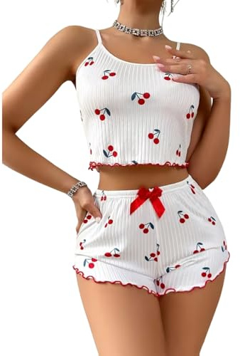 Gatamiau Pijamas Mujer Verano Corto con Estampado de Corazón Camiseta sin Mangas y Pantalones Cortos, Ropa de Dormir Sexy Conjunto de Pijama Suave y Cómodo Sleepwear Lindo (Blanco-Cereza, L)