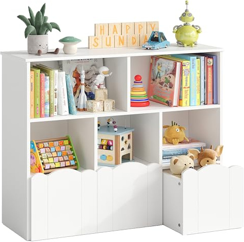 YOUDENOVA Étagère pour Enfant à 3 Niveaux, Meuble de Chambre d'enfant avec 3 boîtes, Rangement de Jouets sur roulettes, 100 x 33 x 89,5 cm, Rangement de Chambre d'enfant pour Livres d'images, Livres