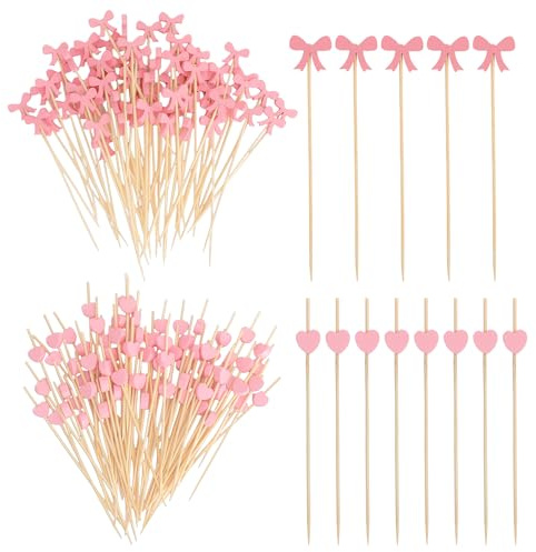 TLDBATICE 200 stycken cocktailspett hjärta och rosett, träspett fingermat | 11,6 cm bambu fruktspett, rosa spett fingermat tillbehör, ostspett fingermat spett, bröllop party buffé tillbehör