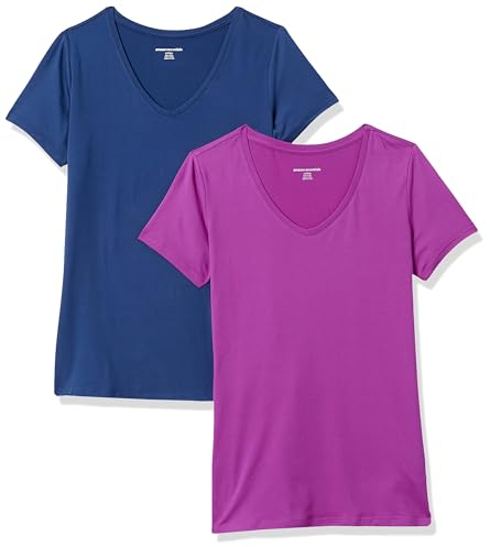 Amazon Essentials Damen Active Quick Dry Tech Stretch Kurzarm-T-Shirt mit V-Ausschnitt (in Übergröße erhältlich), 2er-Pack, Marineblau/Orchideenviolett, L