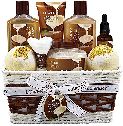 Gifts For Women Gift Basket for Women– Mothers Day Gifts for Mom, 9 Piece Set of Vanilla Coconut Home Spa Set, Luxurious Bath and Body Set, Includes Fragrant Lotions, Large Bath Bombs, Coconut Oil