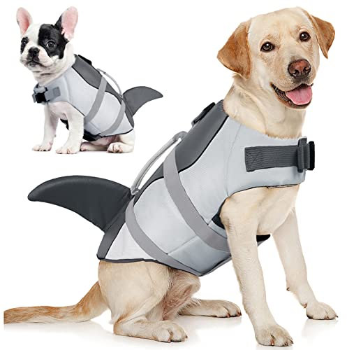 AOFITEE Schwimmweste Hund Große, Hundeschwimmweste Hai für Schwimmen, Hohe Flotation Rettungsweste mit Rettungsgriff und Reflektorstreifen für Kleine, Mittlere, Große Hunde, Grau XL
