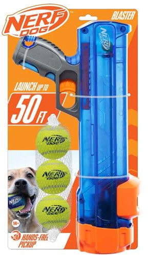 Nerf Dog Tennis Ball Blaster Dog Toy Gift Set, Tennis Ball Dog Fetch Toy Launches up to 50 ft, Dog Ball Thrower for All Breeds Includes Translucent Blue Tennis Ball Launcher and 3 Dog Tennis Balls