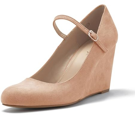 Coutgo Womens Wedge Shoes Closed Toe Mary Jane Pumps Ankle Strap High Heels Comfortable Office Wedding Dress Shoes, Khaki, Size 9.5