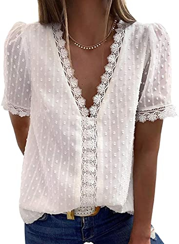 Dokotoo Womens Ladies 2026 Summer Sexy Lace Crochet V Neck Short Sleeve Pom Pom Boho Shirts Casual Loose Solid Chiffon Blouses Tops White Large