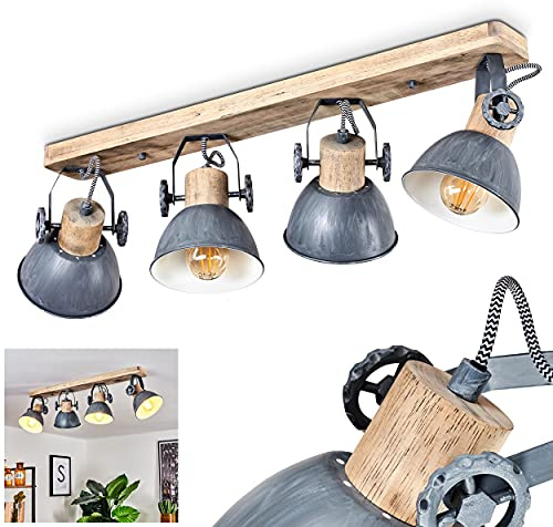 Taklampa Orny, 4-ljus takspot av trä och metall i grått, industriell/vintage look inomhuslampa, 4 x E27, lamphuvudena är justerbara,utan glödlampor
