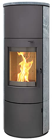 Thermia München XL Stahl gussgrau Speckstein 7kw Speicherofen mit Steinverkleidung Panoramatür Holzofen Dauerbrand geeignet Schwedenofen 150mm Abgasstutzen selbstschließende Tür (Bauart 1)