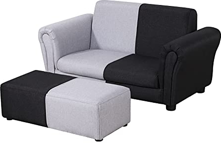 PWTJ Children Sofas and Couches/2-Seater Kid Sofa Couch with Big Ottoman/Children Sofa with Linen Fabric/Big Toddler Couch for 0-3 Years Kid Using (black+grey)