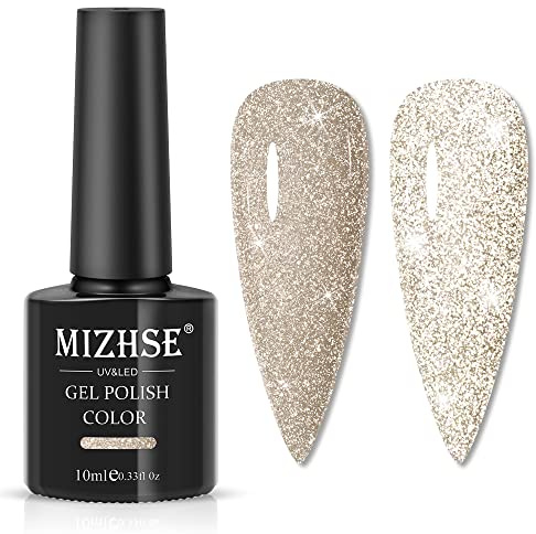 MIZHSE UV Nagellack Glitzer Gold Sparkly Gel, Reflektierendes Funkelnder Glitzer Nagellack UV Glänzender Diamant Gel Nail Polish für Nageldesigns Nail Art Starter Kit 10ml 1PC