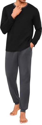Marvmys Pijama Hombre Invierno Algodón Cuello Redondo Pijamas Manga Larga Conjunto Largo Camisa y Pantalones con Puños B - Negro L