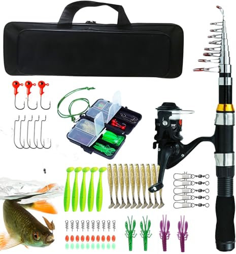 HUNYA Angelruten-Kombination, 2,1/2,3 Teleskop Angelrute und Rollen-Kombination für Erwachsene, Kinder Angelset mit Angelrolle und Köder Set, Tragbares Angelausrüstungsset