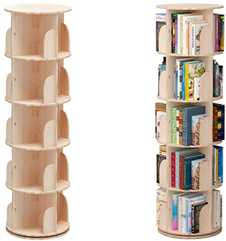 PTUWODS Rotating 360° Bookshelf Bookcase Hexagonal Bookcase Tall Bookcase Floor Standing Corner Book Shelf Storage Rack for Home Living Room Office (5 Tier)
