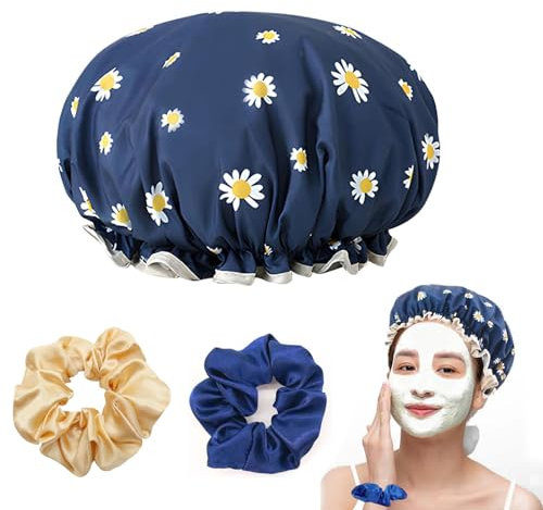 DHWEKU 1 Pezzi Cuffia da Doccia Riutilizzabile Impermeabile- Doppio Strato flessibile, Protezione Capelli per Donna, Bagno, Spa, Salon,Con 2 elastici per capelli(Blu)