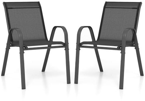 COSTWAY 2er Set Gartenstühle stapelbar, Stapelstühle aus Textilene und Metallgestell, Terrassenstühle mit Armlehnen, Balkonstühle bis 150 kg belastbar, 56 x 70 x 84 cm (Schwarz)