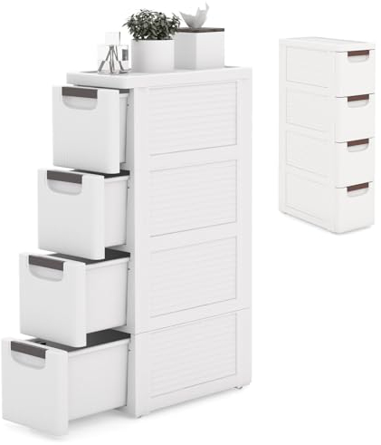 KOMFOTTEU Schmaler Nischenschrank auf Rollen, Rollschrank mit 3/4/5/6 Schubladen, Rollwagen Nischenregal platzsparend, Ordnungswagen Schubladenschrank für Küche Badezimmer (4 Schubladen, 1 Stück)