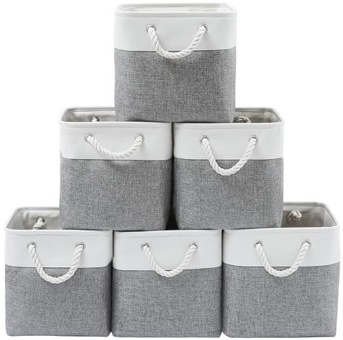 ICEMOR 33 x 33 x 33 cm Cube Storage Boxes, 6 Pack Large Collapsible Fabric Storage Bin with Ropes, Foldable Cube Baskets for Kallax, Office,Closet, Clothes, Toys Organizer (White & Grey)