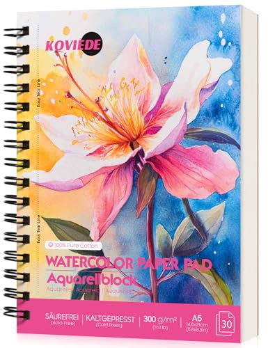KOVIEDE 100% Baumwolle Aquarellpapier Block - 30 Blätter 5.5 x 8.5 Spiral gebunden, 300g/㎡ A5 Cold Press Aquarell Skizzenbuch, Künstler Qualität Art Journal Supplies für Erwachsene, Rosa