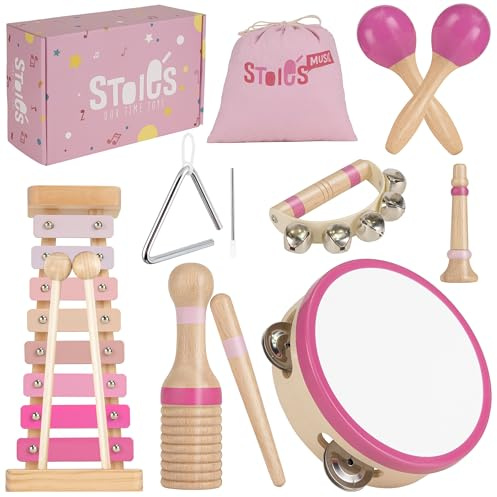 Stoie's Set musicale in legno Pink Sensation, strumenti musicali Montessori per bambini con xilofono, tamburello e maracas, sviluppo educativo e creatività, strumenti musicali per bambini