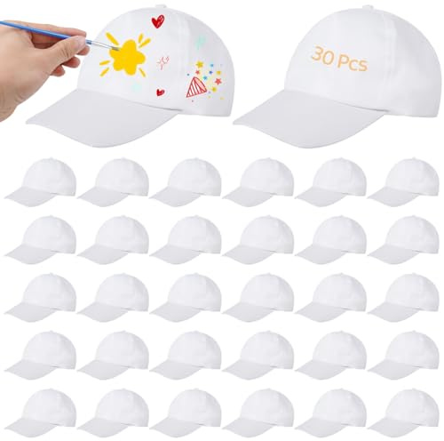 SWEWARM 30 Pcs DIY Baseball Caps, White Painting Caps, Blank Adjustable Polyester Caps for Little Ones, Outdoor Sports Hats for Camp, Group Events, Craft Projects