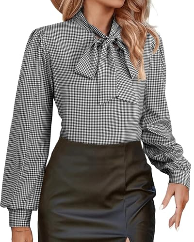 Avanova Women Checked Bishop Long Sleeve Shirts Bow Tie Neck Blouse Work Business Dressy Casual Tops Black Checked Small